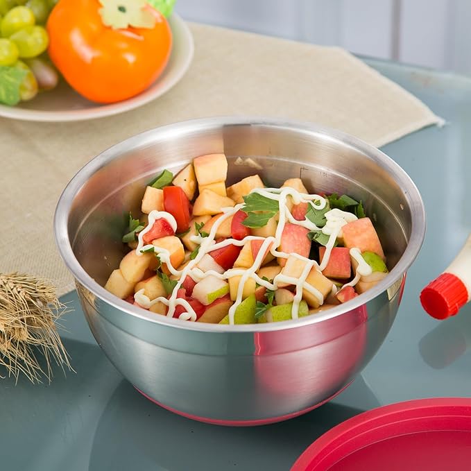 MARSKITOP Stainless Steel Mixing Bowls with Lids Set, Nesting Mixing Bowls with Airtight Lids, Measurement Marks and Red Non-Slip Bottoms, Great for Mixing and Serving, 3QT & 5QT