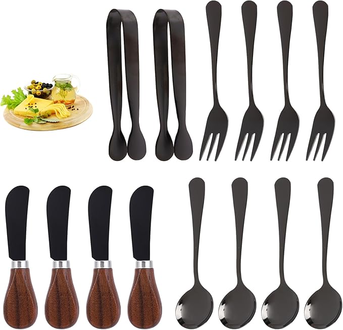 Charcuterie Accessories (14 Pcs), Cheese Spreaders for Charcuterie Board, Mini Serving Spoons, Forks and Mini Serving Tongs - Charcuterie Utensils for Butter, Cheese and Pastry Making, Black