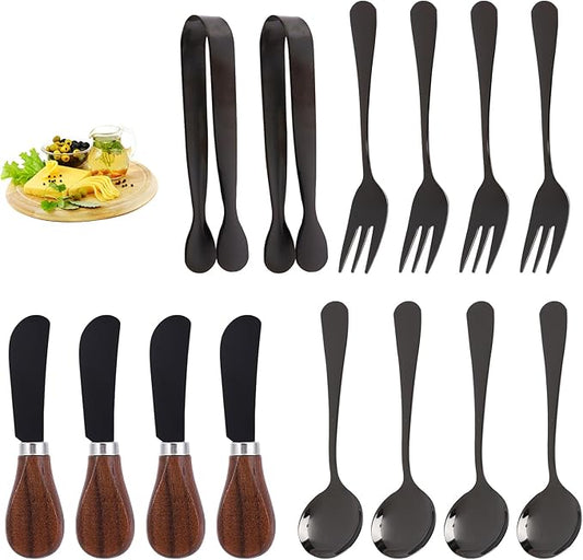 Charcuterie Accessories (14 Pcs), Cheese Spreaders for Charcuterie Board, Mini Serving Spoons, Forks and Mini Serving Tongs - Charcuterie Utensils for Butter, Cheese and Pastry Making, Black