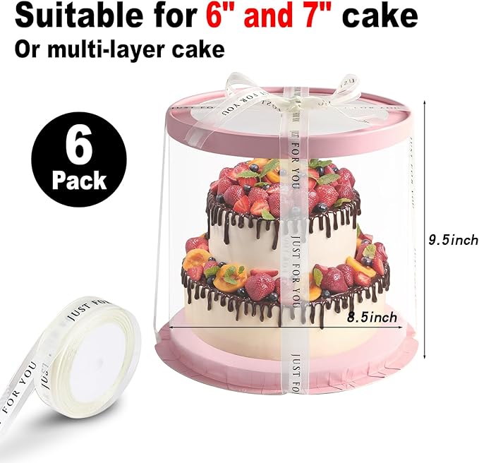 6Pcs Clear Pink Cake Boxes with Ribbon 8.5*9.5inch Round Transparent Cake Containers Tall Tiered Bakery Box 7inch and 6inch Cake Carrier Packaging Boxes for Birthday Party (Pink, Round 8.5inch/6pcs)