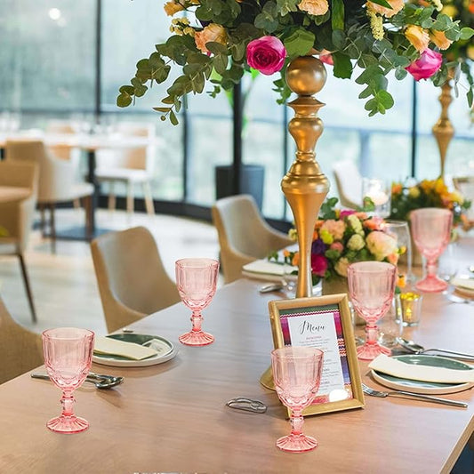 24 Pcs Vintage Wine Glasses, 10 Ounces Colored Glass Water Goblets, Unique Embossed Pattern High Clear Stemmed Glassware Wedding Party Bar Glass Drinking Cups, Floral Pink Glasses Set of 24