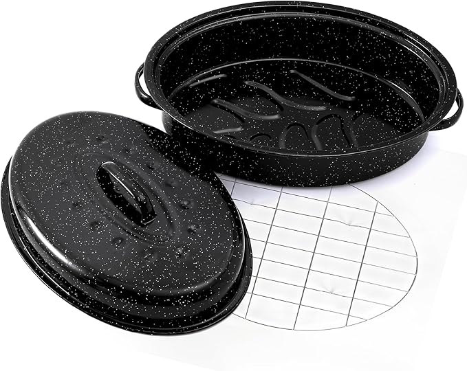 Enamel Roasting Pan With Lid and Rack 13" 18"Granite Roaster Pans Set With Rack Suitable Cooking Poultry Baking Turkey Bread Beef Resists Up to 932°F,Dishwasher Safe,Holiday Gifts CookWare
