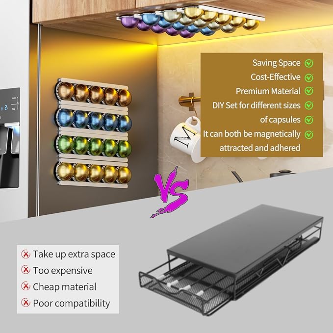 Stretchable Coffee Pod Holder,Adhesive and Magnetic espresso pod holder, Holds 20 Pods -Wall Mounte Vertically or Horizontally Wall or Cabinet Mounted Coffee Capsule Rack