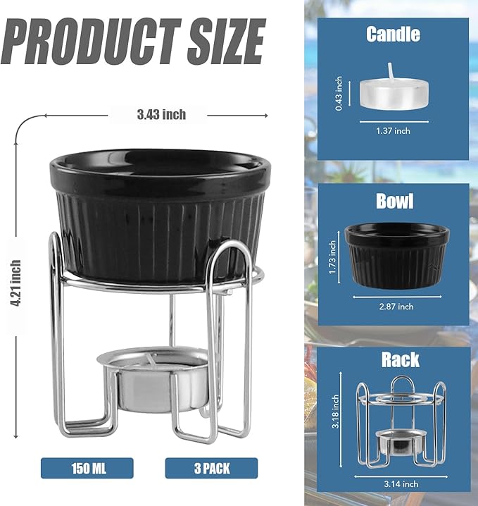 Artestia Butter Warmers Set, 4-Piece Ceramic Butter Warmer with Tea Light Candles, Crab Boil Party Supplies - Dishwasher, Microwave, Oven Safe (Black)