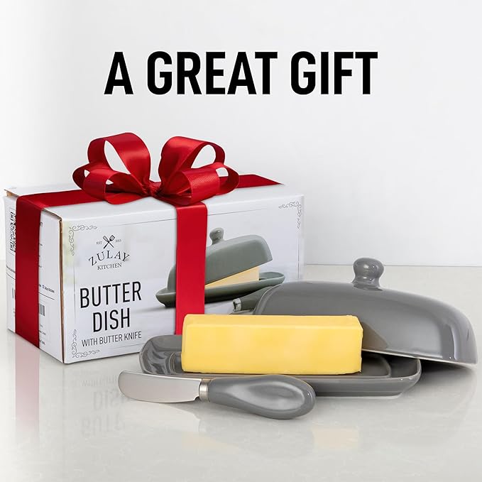 Zulay Butter Dish With Lid For Countertop - Porcelain White, Ceramic Butter Dish with Knob Handle Great for Cooking - Elegant Design Butter Holder - Durable & Sturdy Butter Keeper - Gray