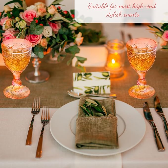 Bokon 12 Pack Pink Glass Goblets Set 10 oz High Clear Wine Glass Vintage Water Goblets Cups Embossed Diamond Design Glassware with Stem for Drinking Juice Liquor Party Wedding Bar