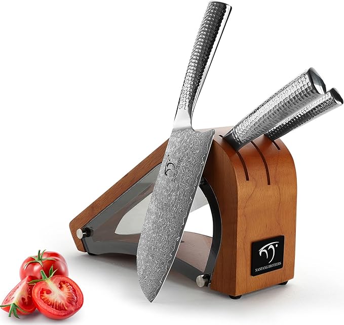 4 Pieces Damascus Kitchen Knife Set With Block - 8" Chef, 7" Santoku, 3.5" Paring, 3 Slots Natural Wood Block, 67 Layer Handmade Damascus VG10 Steel Core, Hammered Ergonomic Handle