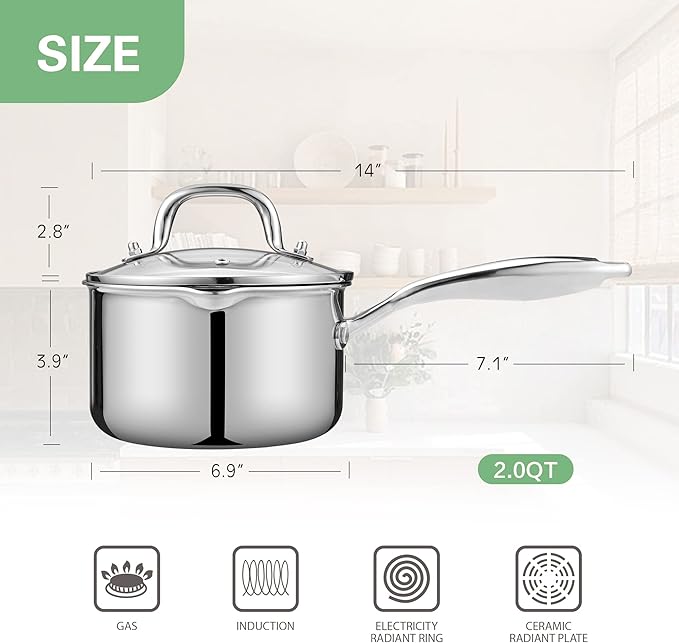 2.0 Quart Stainless Steel Pot Saucepan with Glass Strainer Lid, Sauce Pot with Two Side Spouts, Induction Cooking Pot, Multipurpose Sauce Pan with Lid for Cooking