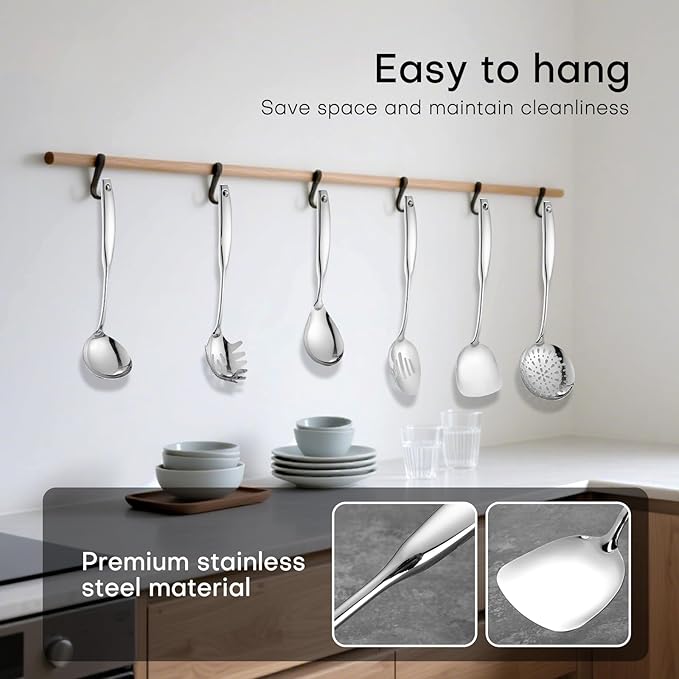 Lazycorner 304 Stainless Steel Kitchen Utensils Set 9-Piece Polished Mirror Finish Cooking Spoons, Slotted Spoon, Turner, Spatula, Pasta Spoon– Dishwasher Safe, Rust-Resistant