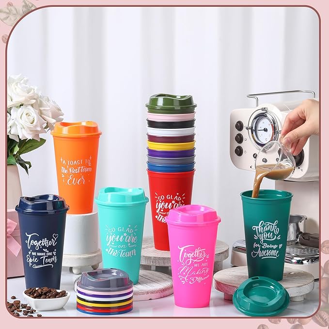 Pickmesh 30 Pcs Employee Appreciation Gifts Christmas Thank You Gift for Team Building 16 oz Teacher Plastic Coffee Cup with Lid Inspirational Travel Tumbler for Coworker Staff Pastor (Colorful)