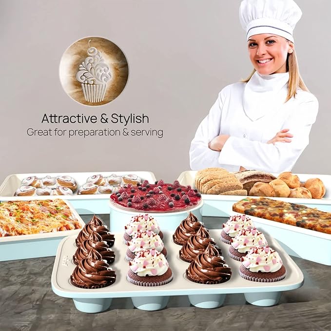 NutriChef 6-Piece Baking Pan Set, Carbon Steel Bakeware with Premium Ceramic Nonstick Coating, Includes 12-Cup Muffin Pan, Cake & Loaf Pan, Wide Bake Pan, & Cookie Sheet - Turquoise