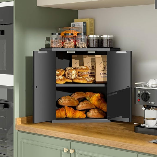 Corner Bread Box for Kitchen Countertop,Storage Container for Homemade Bread, Double Layer BreadBox, Large Capacity Bread Storage Bin, Vintage Farmhouse Breadbox Organizer,Black