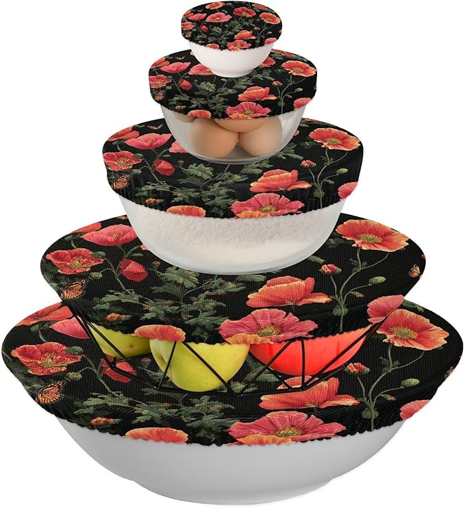 5 Pcs Bowl Covers Reusable in 5 Size Elastic Food Cover Cloth Lids Fresh Keeping Dish Cookware Bakeware Fabric Covers Lids for Food Leftovers Fruits Storage Black Poppy Butterfly