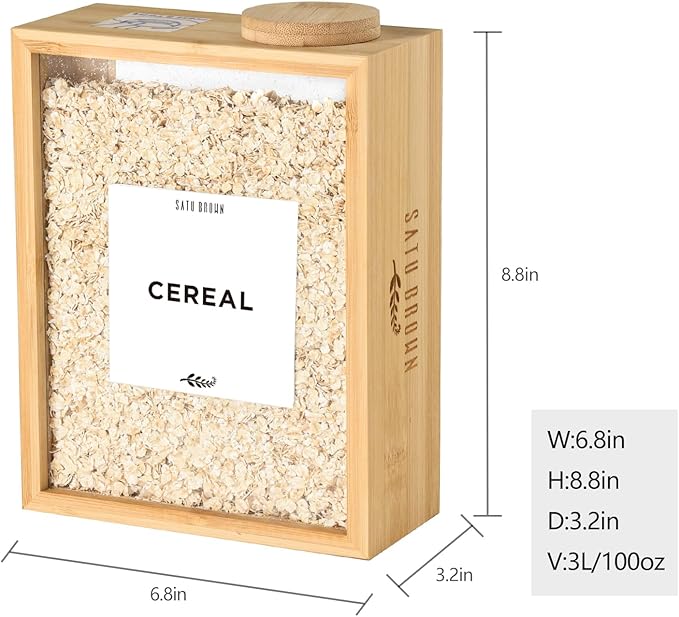 Bamboo Kitchen Cereal Containers Storage Dispenser, 3 Liter Airtight Pantry Organizers with Lid, Home Organization for Cereal, Rice, Flour, Snack, Candy Storage-1 sponge cleaning brush