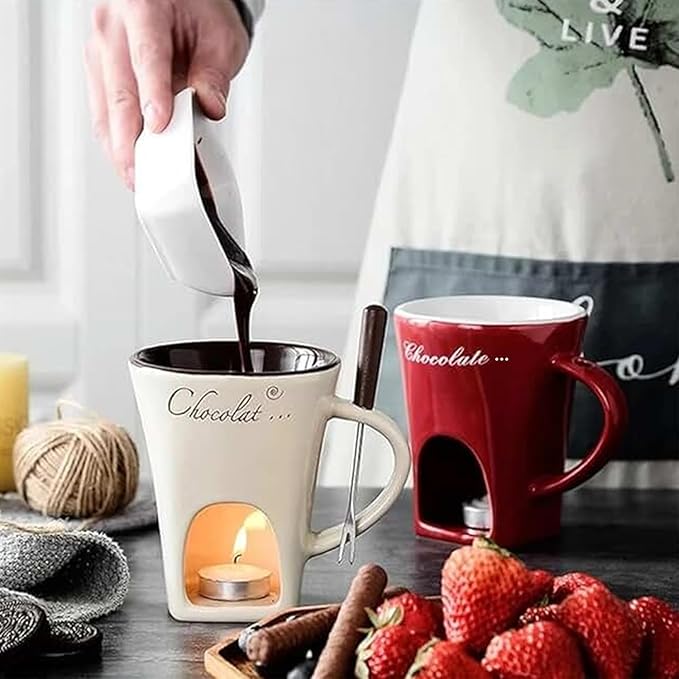 Meltie Cup, Portable Ceramic Meltie Cup Handcrafted Fondue Cups with Fork and Spoon, Chocolate Melting Mug Set for Desserts, Snacks (Red)
