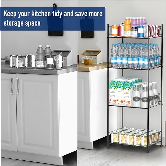 smusei Water Bottle Storage Rack 4 Tier Freestanding Floor Bottled Water Organizer Shelf Large Capacity Metal Beverage Soda Can Drink Holder Stand for Pantry Kitchen Living Room, Black