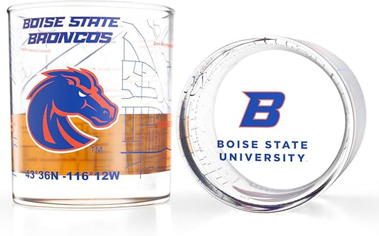 Greenline Goods – Boise State University Broncos College Whiskey Glasses (Set of 2), 10 oz – Full-Color Logo + Campus Map