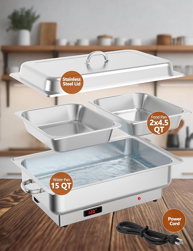 2 PACK Electric Chafing Dish Buffet Set 2 x 4.5QT Buffet Servers and Warmers Digital Display Temperature Warming Tray Stainless Steel Food Warmer for Parties Weddings Caterings