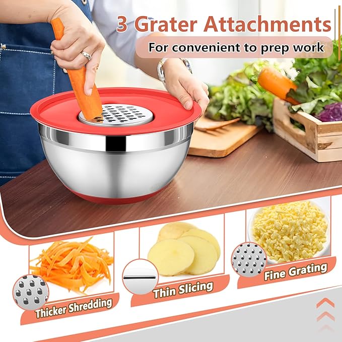 P&P CHEF Mixing Bowl with Lids Set of 3, Stainless Steel Nesting Salad Bowls for Serving Preparing, 3 Grater Attachments & Non-Slip Bottoms, Size 1.5/2.6/4.6 QT, Multicolor