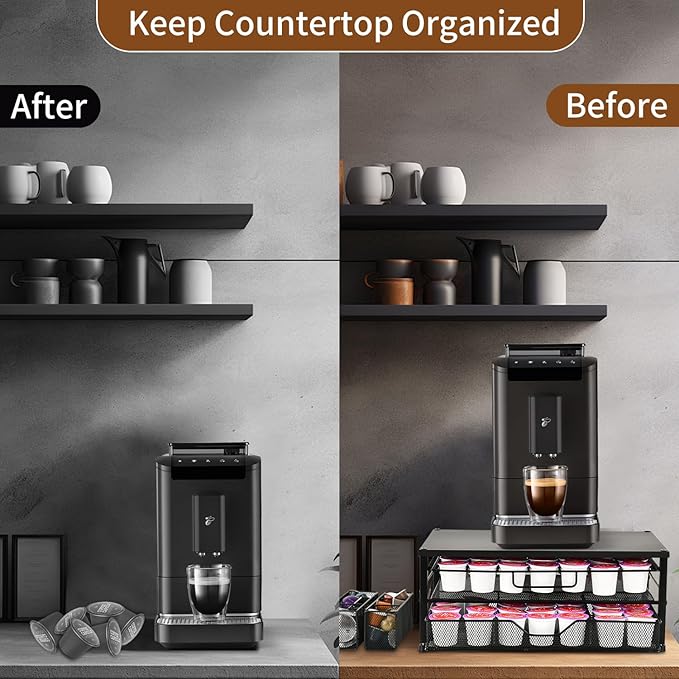 Spacrea K Cup Holder Organizer- Coffee Pod Holder for Counter with 2 Tier Sliding Storage Drawer, Coffee Station Bar Accessories Holder, 63 Large or 80 Small Capsules, Home Kitchen (Black)