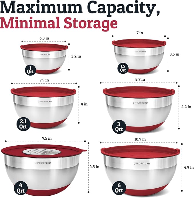 Priority Chef 6Pc Large Mixing Bowls With Lids Set with Non-Slip Bases, Stainless Steel Mixing Bowl Set, 6 Airtight Lids and 3 Graters, Red