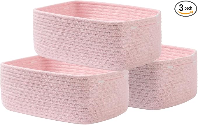Small Woven Basket, 13.5 x 9.5 x 5 Inches, Storage Basket for Organizing, Cute Small Rope Shelf Closet Cube Storage Bins Baskets for Shelves, Dog Toy Gift Baskets Empty, 3 Pack Light Pink