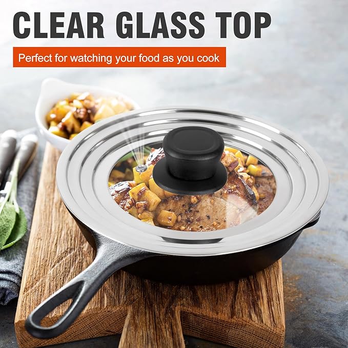 Universal Lid for Pots and Pans Skillets, Stainless Steel Pan Cover Fits 6-7-8 Inch Cookware,Replacement Frying Pan Cover, Cast Iron Skillet Pot Lids with Heat Resistant Knob