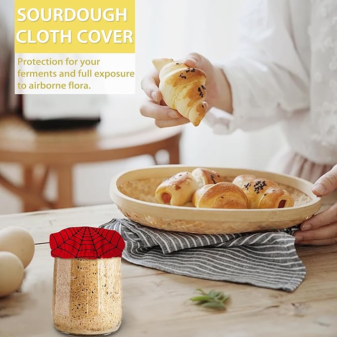 Sourdough Starter Jar Covers,5-Pack Reusable Spider Web Red Cloth Lids for 3-4 Inch Jars,Ideal for Kombucha Kefir or Cheese Fermentation