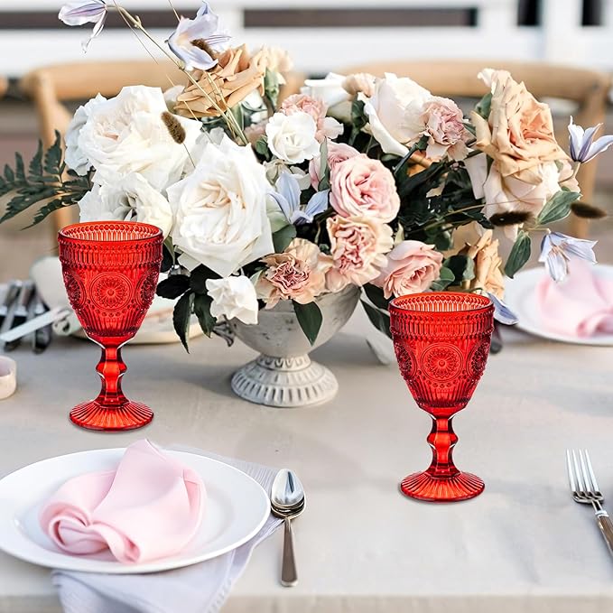 24 Pcs Red Vintage Wine Glasses Set, 10 Ounces Colored Glass Water Goblets, Unique Floral Embossed Pattern High Clear Stemmed Glassware Wedding Party Bar Drinking Cups Fancy Glasses Hand Wash Only