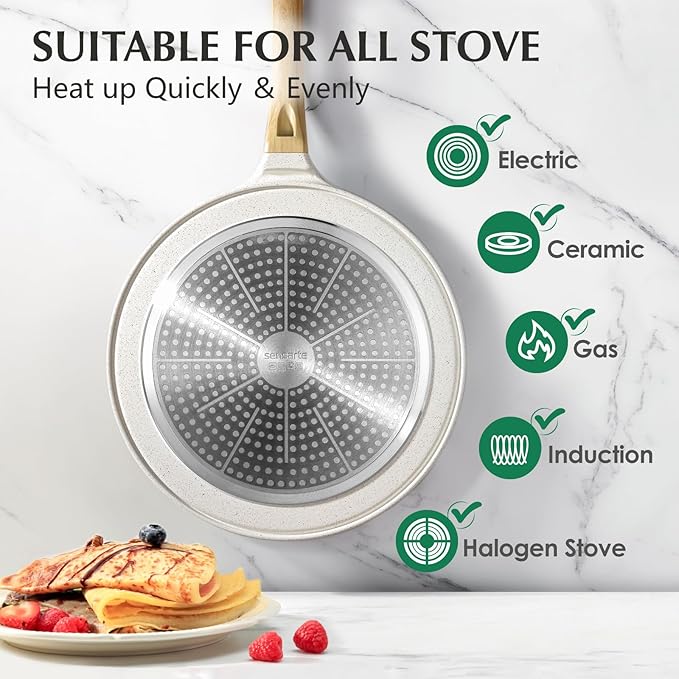 SENSARTE Nonstick Crepe Pan with Spreader, 10-Inch Natural Ceramic Coating Dosa Pan Pancake Flat Skillet Tawa Griddle with Stay-Cool Handle, Induction Compatible (White)