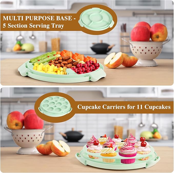 Cake Carrier with Lid and Handle, Cake Stand Cupcake Containers for 10 inch Cake with 2 Handles Cupcake Holder, 3 in 1 Transport Storage Container for Cake Pie Muffin Pizza，Green Round Cake Carriers