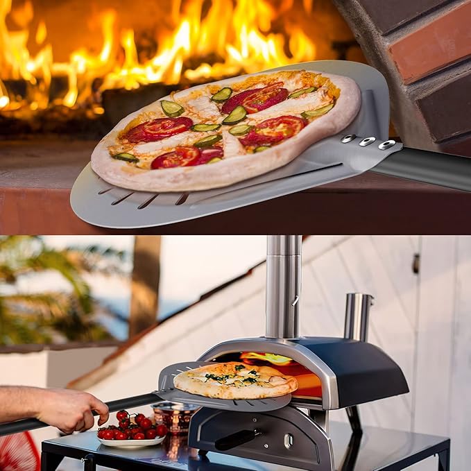 3 Piece Pizza Oven Kit Turning Peel 9 Inch, 12"x14" Aluminum Perforated Pizza Peel, Commercial Oven Brush Accessoires for Home, Restaurant