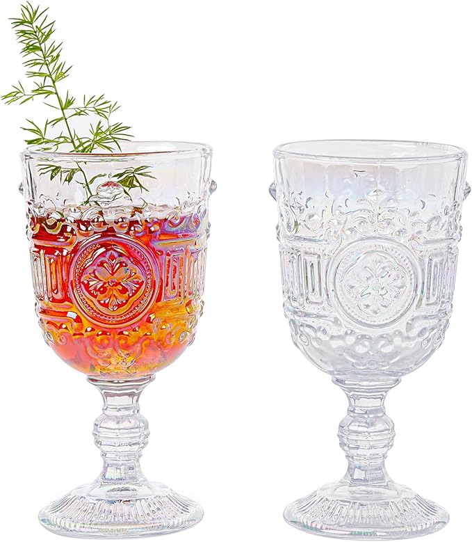Sungmor Vintage Iridescent Wine Glasses – Set of 2 Embossed Goblets, 10 oz Decorative Glassware for Wine, Water, or Cocktails – Elegant Clear Drinking Glasses, Wedding & Party Drinkware