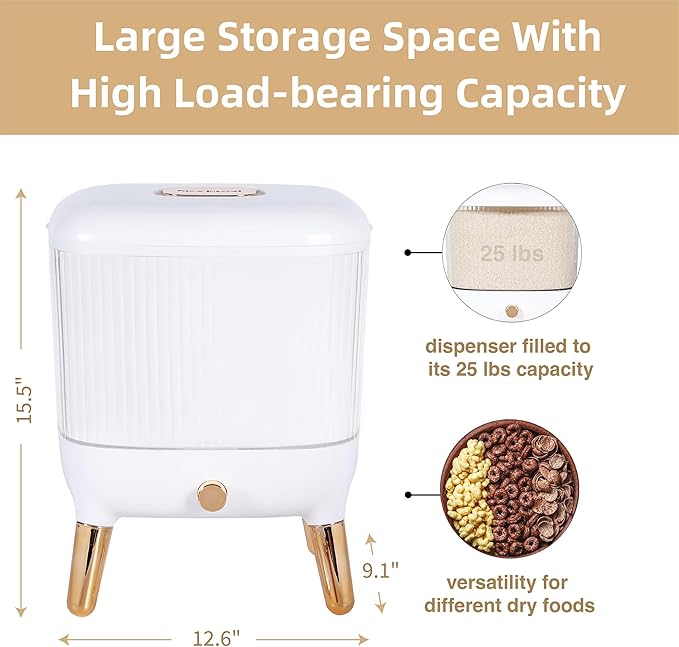 Rice Dispenser 25 Lbs - Flour and Rice Container - Space Efficient Food Dispenser for Organized Storage - Save Time & Effort with Easy Dispensing - Stylish Countertop Solution