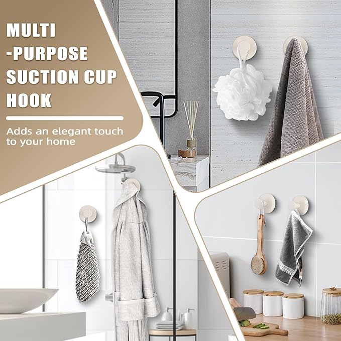 Suction Cup Hooks for Shower No-Drill Bathroom Hooks for Towels, Robes, Loofah Mountable on Bathroom Walls, Kitchen, Glass, Mirrors, Tile and Smooth,Non-Porous Surfaces (2, Milk White)