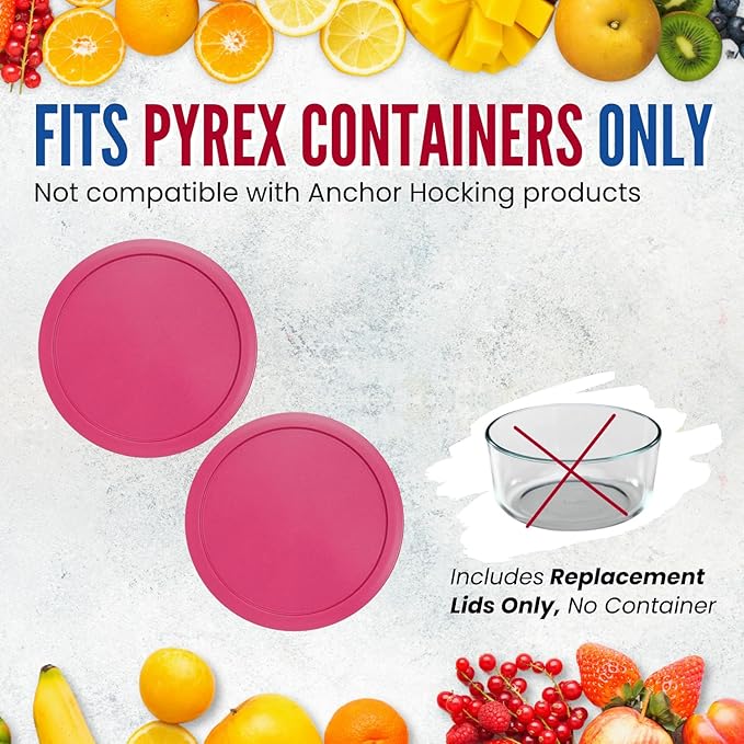 Replacement Lids for Pyrex 2-Cup Glass Food Storage Container Bowls, 5-Inch Plastic Round Lids Covers fits Pyrex 7200-PC, Airtight & Leakproof (2-Pack, Fuchsia)