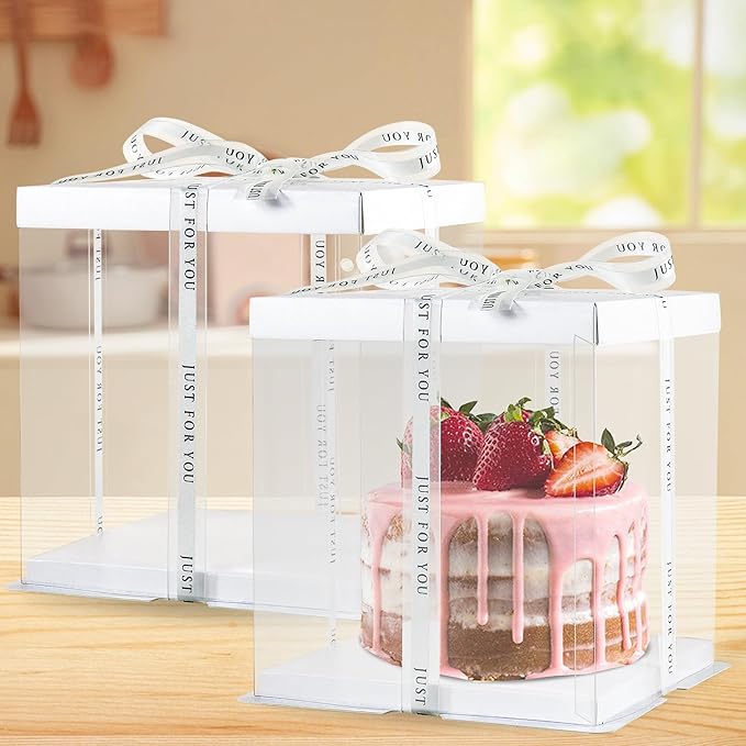 8 Packs Tall Cake Boxes with Ribbon,8x8x9 inches Bakery Boxes,White Multi-Layer Cake Containers for Birthday,Wedding, Halloween. (White, 8 * 8 * 9 inch/8pcs)