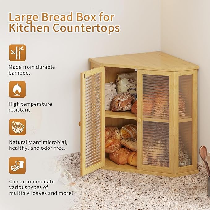 Corner bread box Bread Box for Kitchen Countertop - Corner Bread Storage Box 16.5" H, Premium Pine Wood with Glass Door, Perfect for Homemade Bread, Baguettes & Pastries (Bamboo)