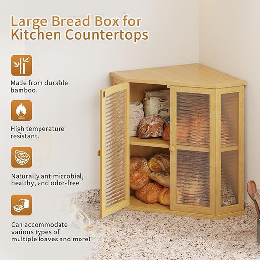 Corner bread box Bread Box for Kitchen Countertop - Corner Bread Storage Box 16.5" H, Premium Pine Wood with Glass Door, Perfect for Homemade Bread, Baguettes & Pastries (Bamboo)