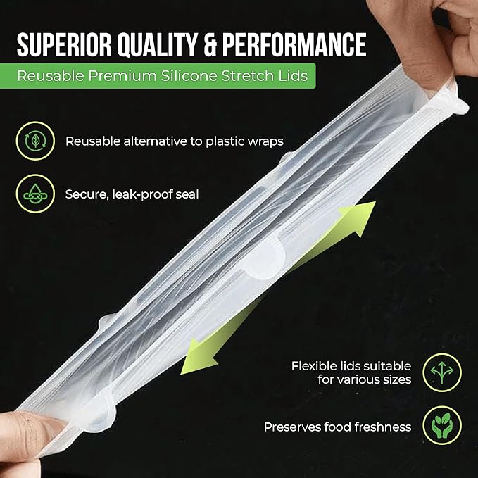 Reusable Silicone Stretch Lids for Food Storage in Fridge - Elastic Heat-Resistant Bowl Covers, Cups, Cans, Jars - Universal Food Grade Lid for Round and Rectangle Containers - Dishwasher Safe -7 Pack