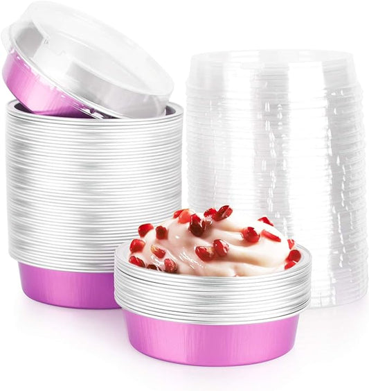 Beasea Mini Pie Pans with Lids, 4 Inch 50 Pack Disposable Aluminum Tart Pans, 8 Oz Pink, Round Oven Baking Mini Cake Pan for Pie Tart Quiche