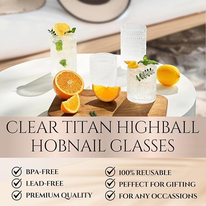 Khen Plastic Hobnail Drinking Highball Glasses Set of 6 Clear Color Cups 14oz, Shatterproof & Unbreakable Acrylic Beaded Design, BPA-Free, Dishwasher Safe Indoor/Outdoor Drinkware Water, Cocktails