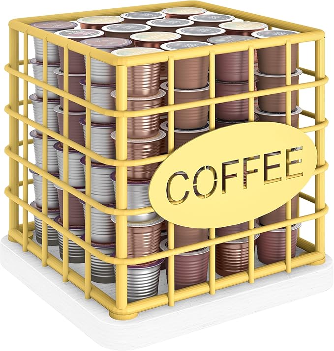 Coffee Pod Holder Organizer, Large Capacity Coffee Pod Basket for K Cup, Coffee Capsule Storage Basket with Wooden Base, for Kitchen Countertop, Gold and White KH10DW