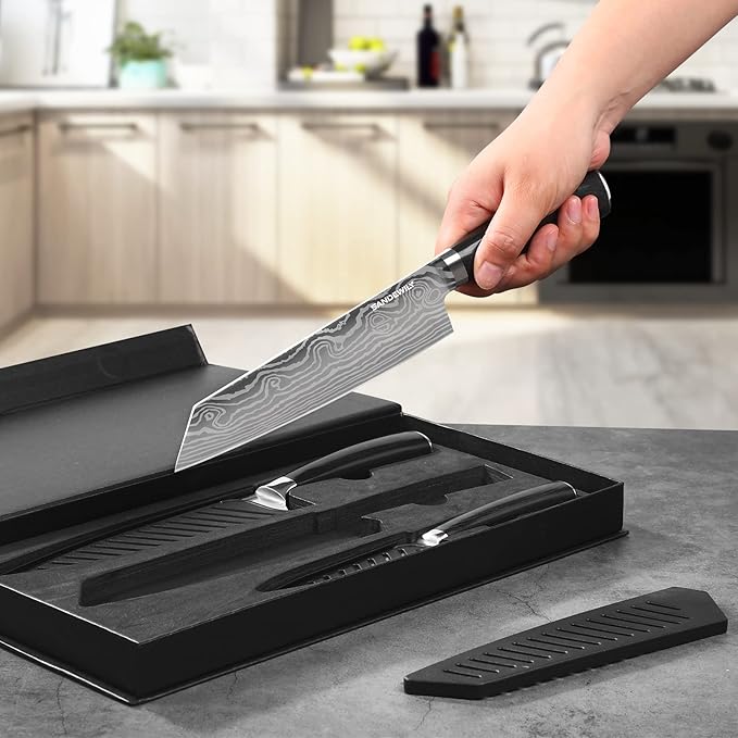 3 Piece Japanese Knife Set,Ultra Sharp Chef Knife Kitchen Cooking Knife Paring Knife German High Carbon Stainless Steel with Sheaths Wooden Handle for Home Outdoor Gift Idea