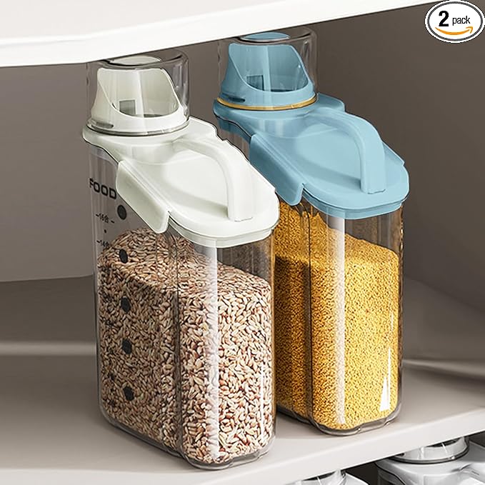 2 PCS Airtight Storage Containers, 2.8L/95fl.oz Cereal Rice Holder, Dog Cat Food Dispenser with Measuring Cup, BPA Free Clear Plastic Kitchen Pantry Organization Bin, 1 Blue+1 White