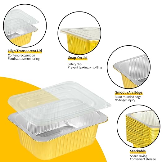 40 Pack 3 LB Gold Aluminum Foil Pans with Lids, 8.7"×6.6"×2.5" Heavy Duty Aluminum Foil Baking Pans, Tin Foil Food Container for Baking, Heating, Cooking, Roasting, Meal Prep, Freezer