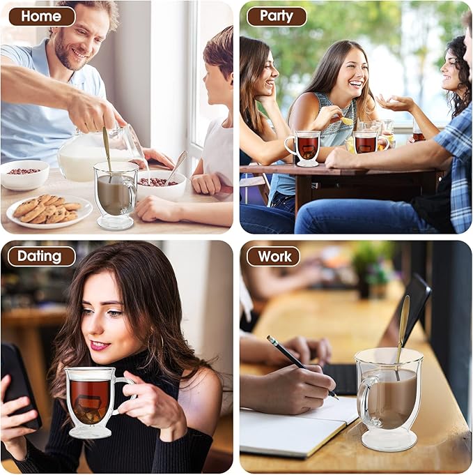 Gejoy 6 Sets Double Wall Glass Coffee Mugs with Spoon Insulated Clear Coffee Mug with Handle Borosilicate Glass Coffee Cups Latte Cup for Cappuccino, Tea, Latte, Espresso, Hot Beverage(12 OZ)