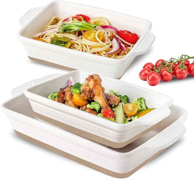 Ceramic Baking Dish, Casserole Dishes for Oven, Extra Deep Lasagna Pans with Handles, Rectangular Bakeware Set of 3 from Oven to Table, Easy to Clean, 14.7 x 8.7 x 3 Inches, White