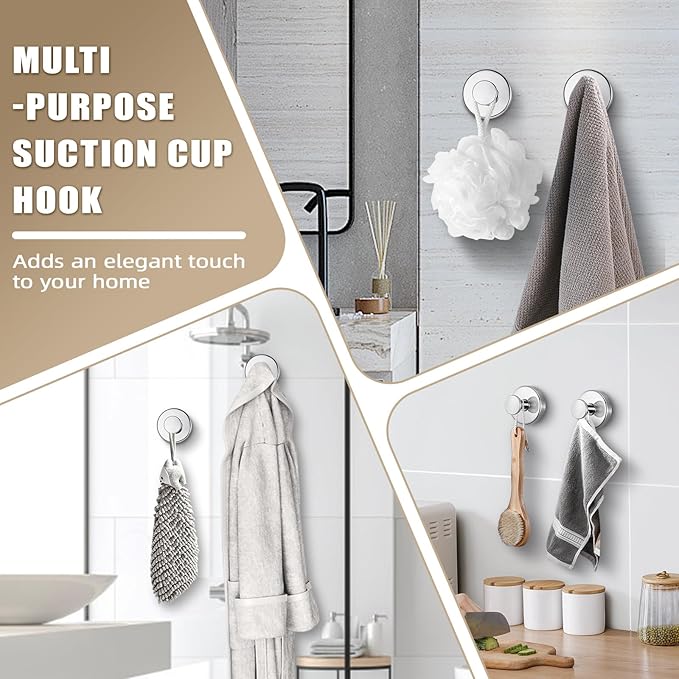 Suction Cup Hooks for Shower No-Drill Bathroom Hooks for Towels, Robes, Loofah Mountable on Bathroom Walls, Kitchen, Glass, Mirrors, Tile and Smooth,Non-Porous Surfaces (2, Chrome Polished)