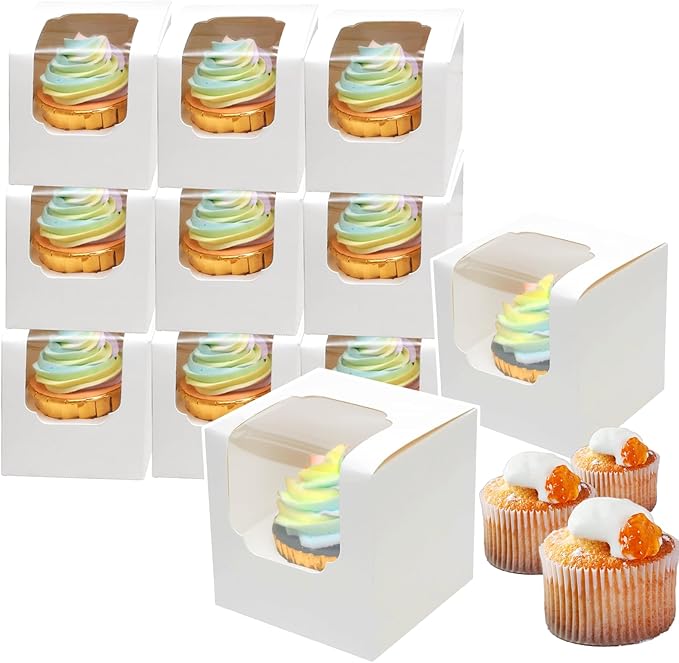 Bakepacker Auto-pop up Cupcake Boxes 30-Packs Individual Cupcake Container White 3.5" x 3.5" x 3.5" Single Cupcake Boxes